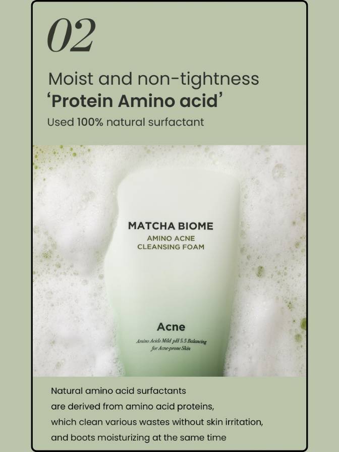 Product packaging for Matcha Biome Amino Acne Cleansing Foam with text about protein amino acid ingredients.