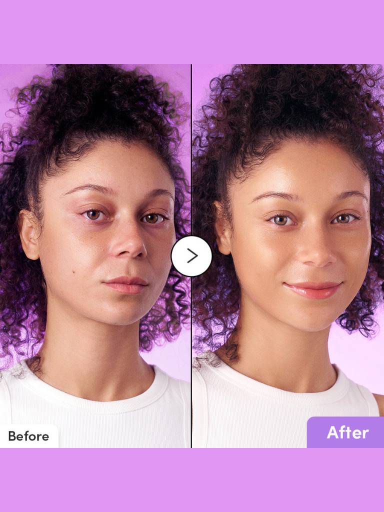 Before and after comparison of a person with curly hair on a purple background