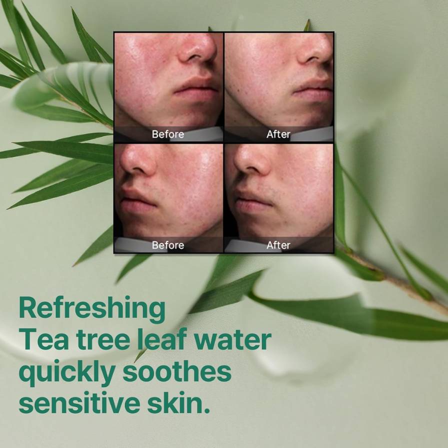 Before and after comparison of skin with tea tree leaf water on a green leaf background