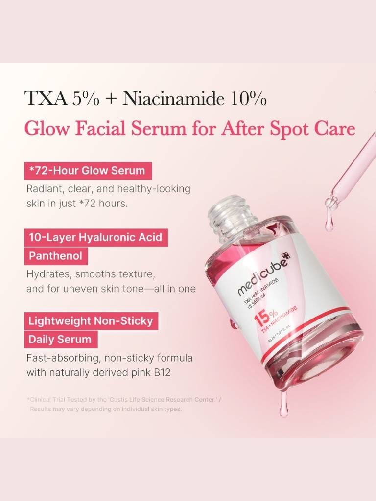 Facial serum bottle with product details on a pink background
