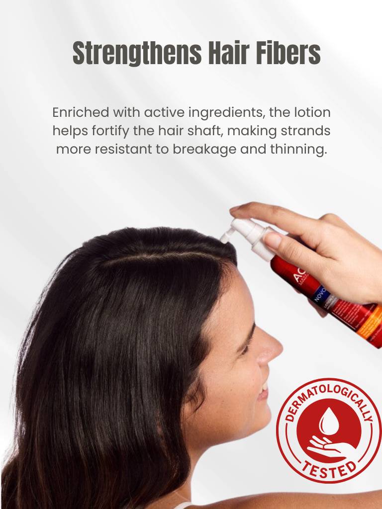 Person applying a hair care product to their hair with text about strengthening hair fibers.