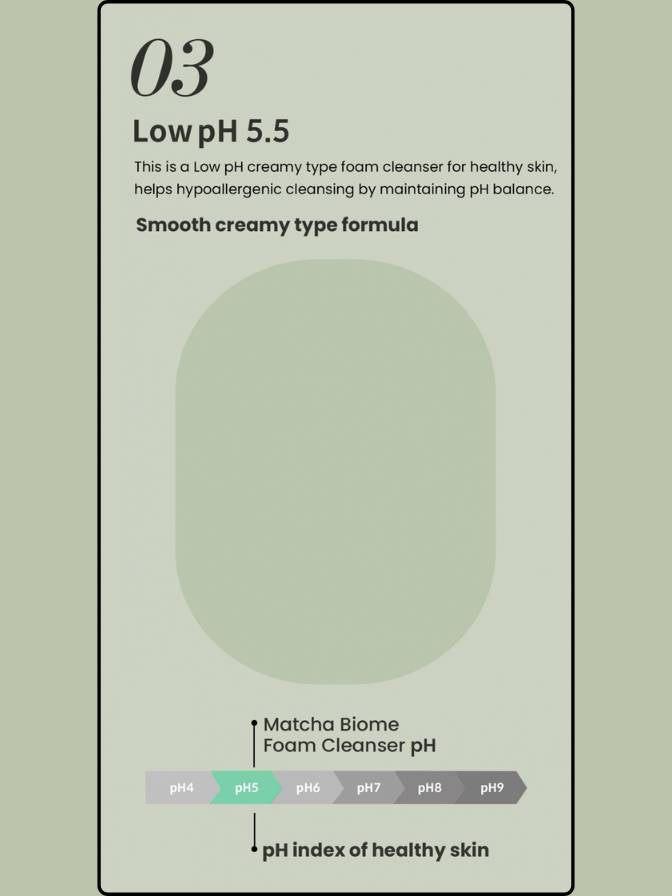 Product packaging for Matcha Biome Foam Cleanser with pH information on a light green background.