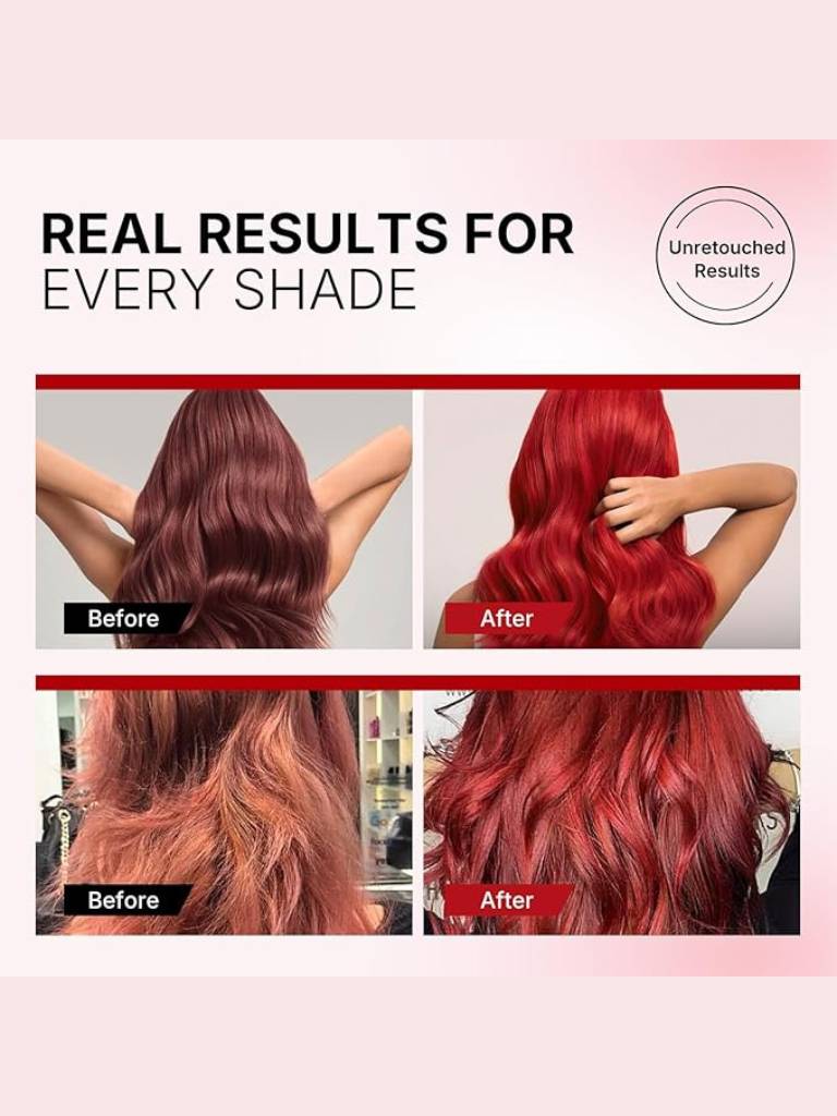 Before and after hair color transformation with red hair on a light pink background.