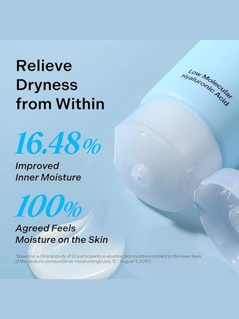 Skincare product with text on a blue background, emphasizing moisture content.