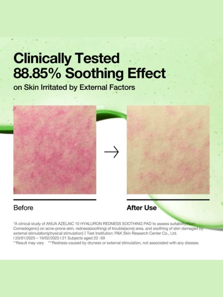 Before and after effect of a skincare product on skin irritated by external factors, with text indicating clinical testing and soothing effect.