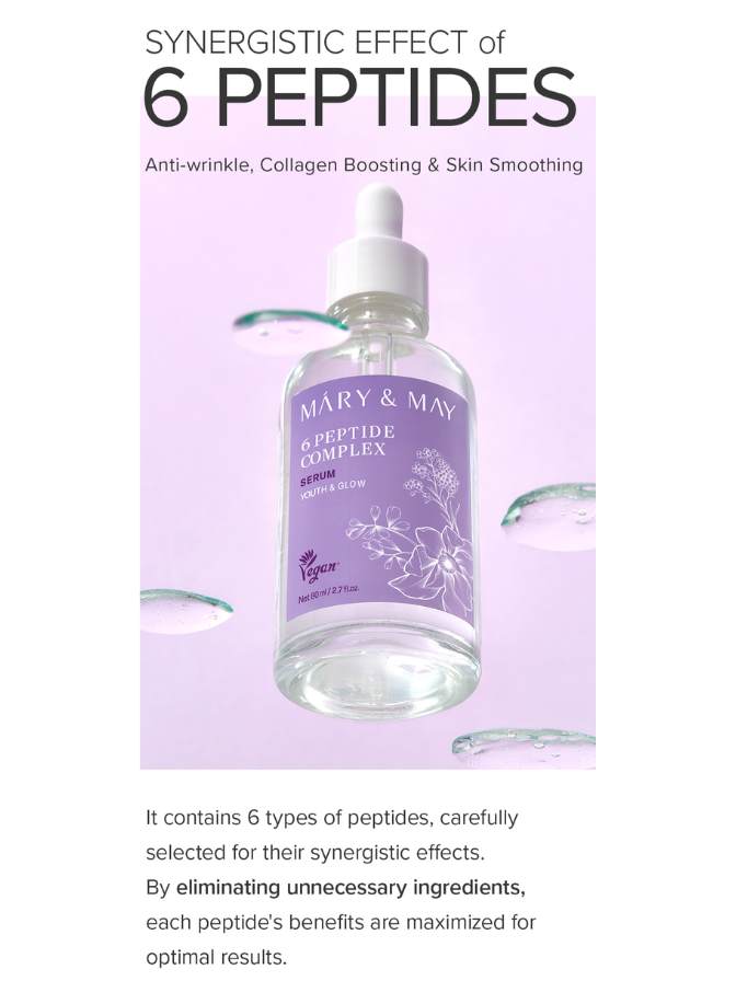 Mary & May peptide complex bottle on a light purple background with text about peptides.