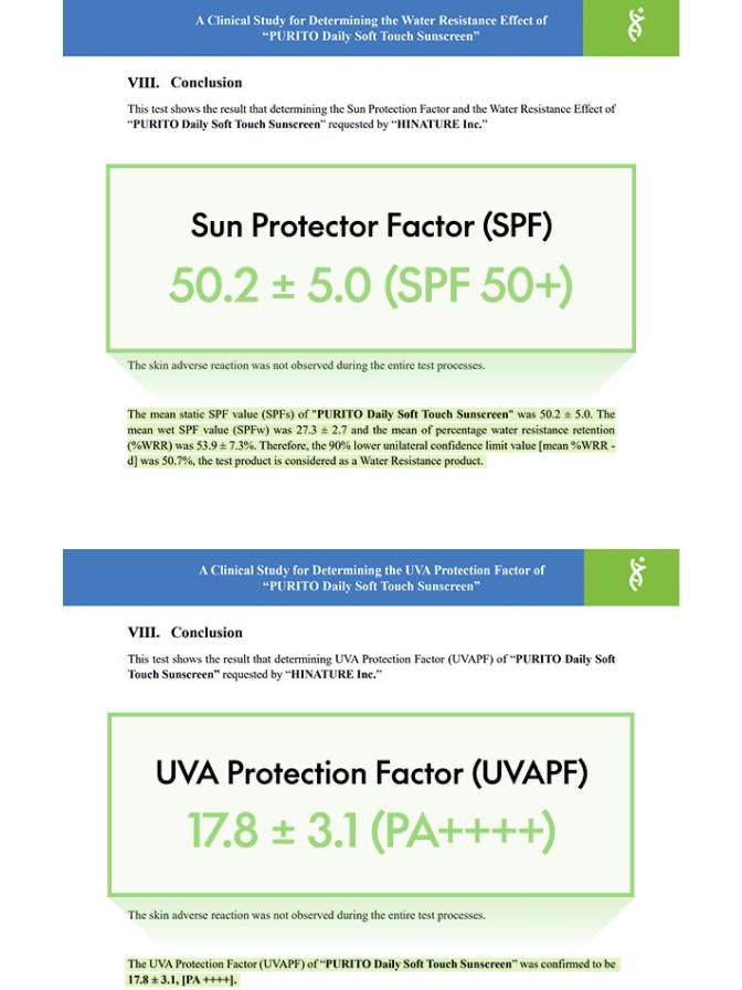 Technical document with sun protector factor and UVA protection factor values on a white background