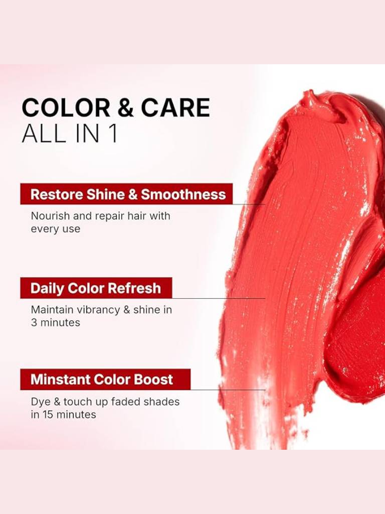 Product packaging with red color swatch and text on a light pink background