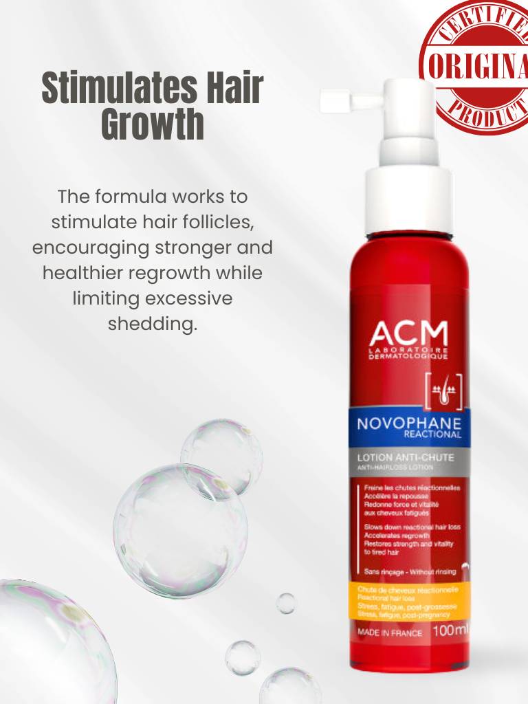 Red bottle of ACM Novophane Reactif with text about stimulating hair growth on a white background.