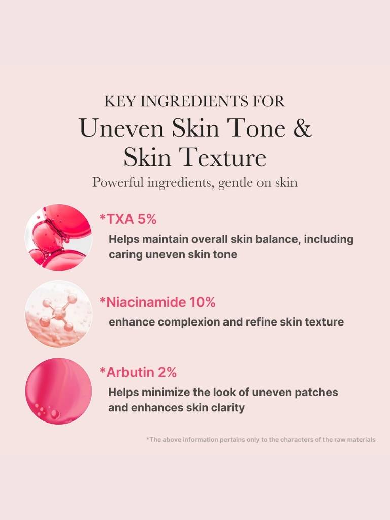 Key ingredients for uneven skin tone and texture on a pink background