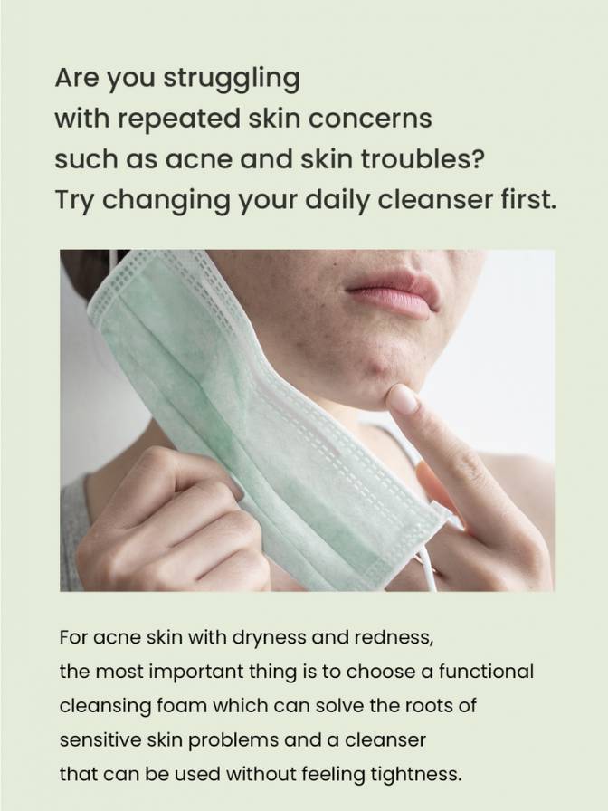 Person applying a green facial cleanser strip to their face with text about skin concerns and cleansers.