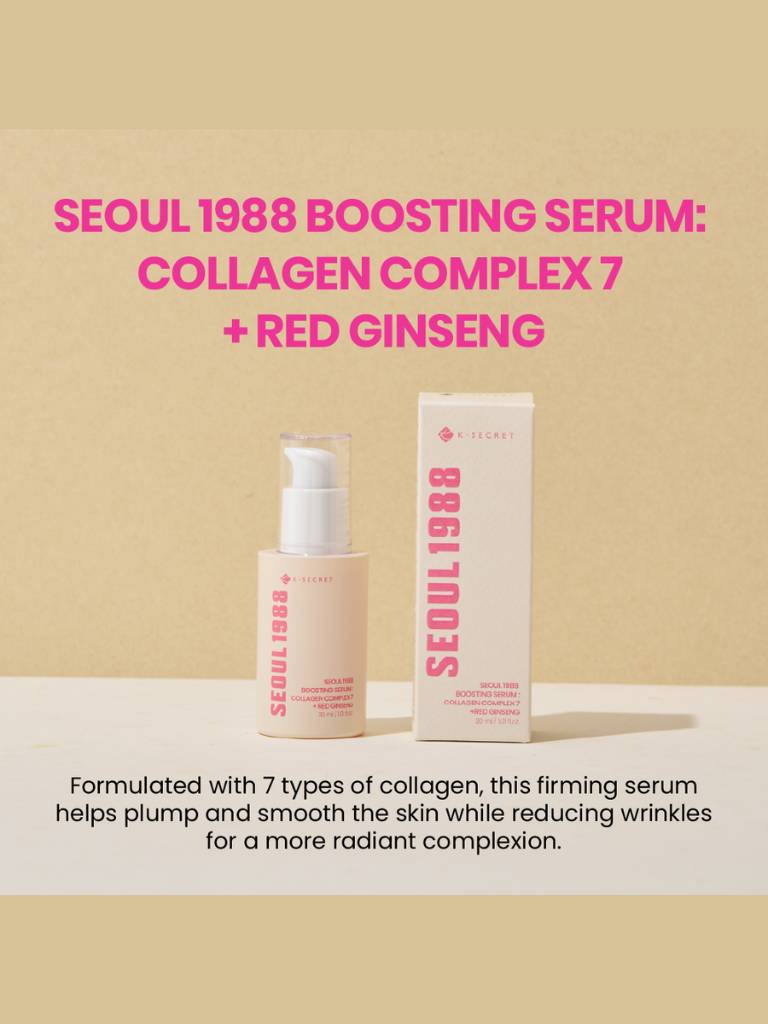 Seoul 1988 boosting serum with collagen complex 7 and red ginseng on a beige background