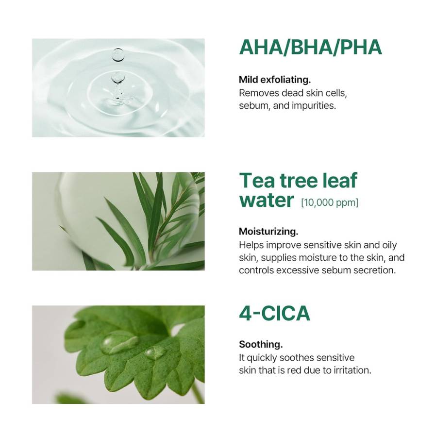 Product features with images of water droplets and tea tree leaves, accompanied by text about AHA/BHA/PHA, Tea tree leaf water, and 4-CICA.