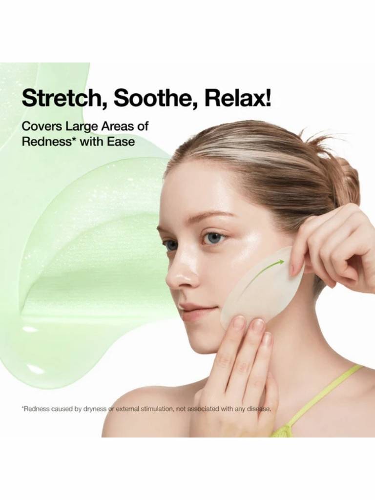 Woman applying a green facial product to her face with text 'Stretch, Soothe, Relax!' and 'Covers Large Areas of Redness with Ease'.