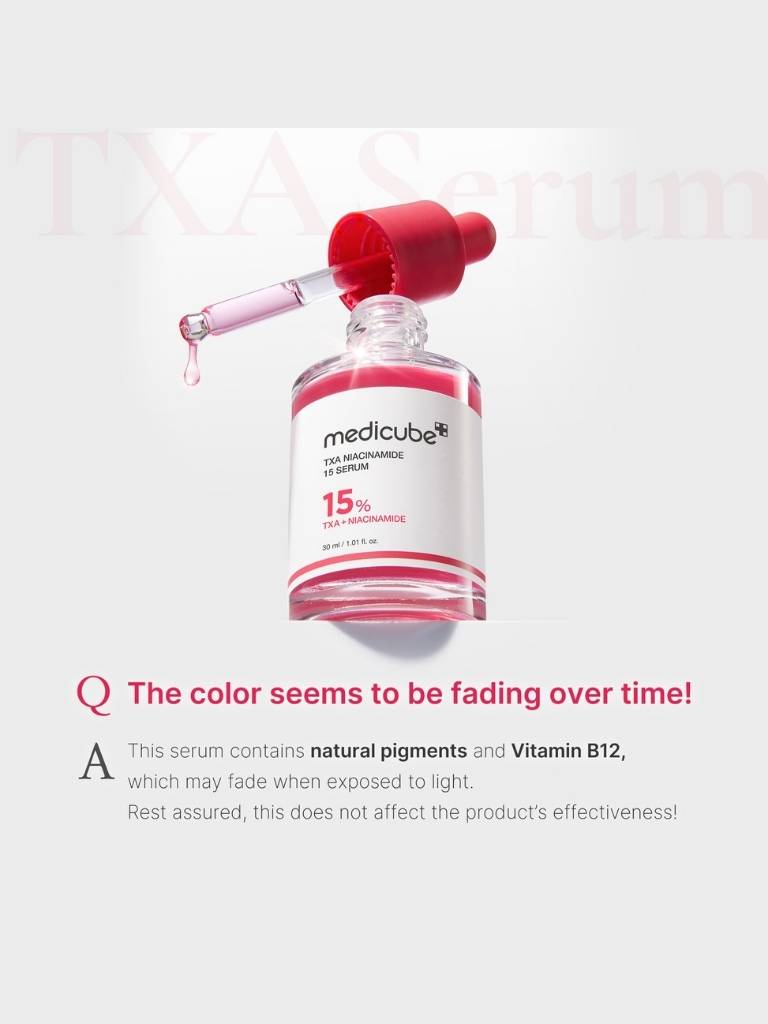 Medicube serum bottle with red cap on a light gray background