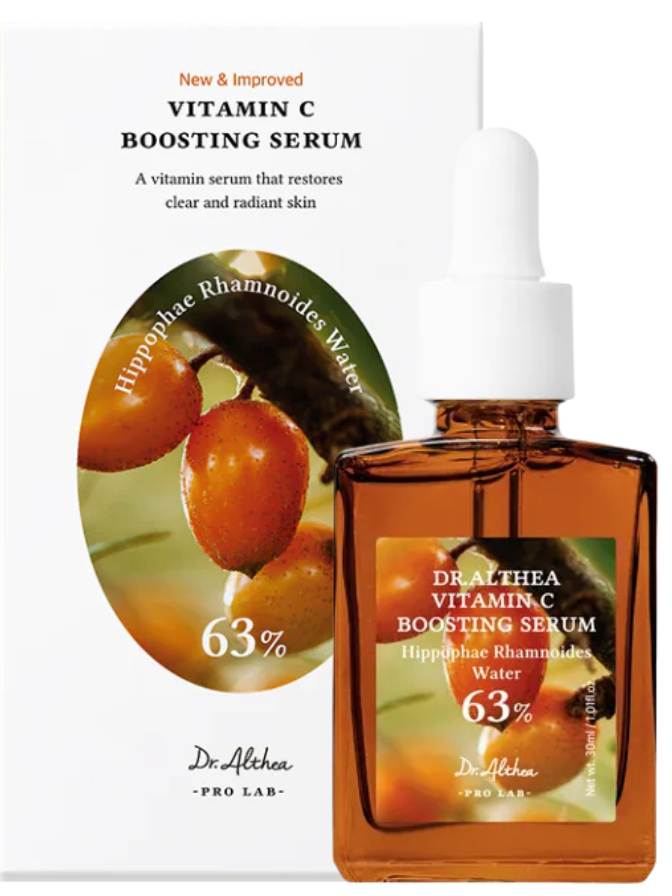Vitamin C boosting serum bottle with packaging featuring Hippophae Rhamnoides Water on a white background.