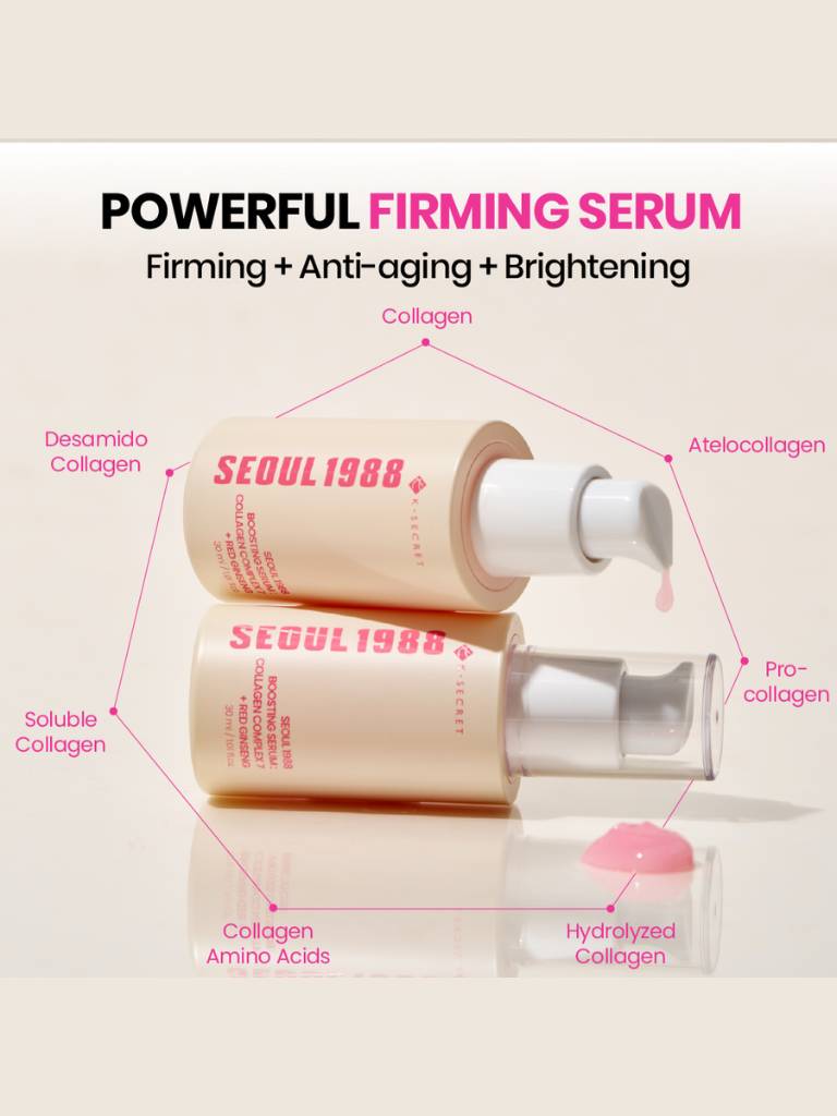 Two bottles of Seoul 1988 serum with text highlighting its features on a light background