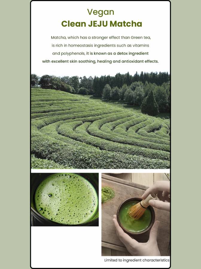 Promotional image for Vegan Clean JEHU Matcha with tea field, matcha in a cup, and person holding a cup.