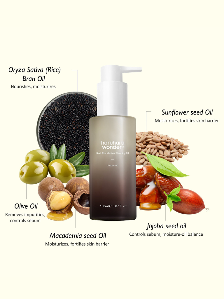 Skincare product with ingredients like rice bran oil, sunflower seed oil, olive oil, jojoba seed oil, and macadamia seed oil displayed around it.