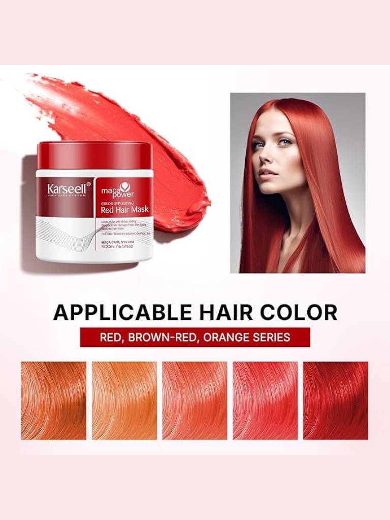 Karseeli red hair mask with a woman having red hair and color swatches on a pink background