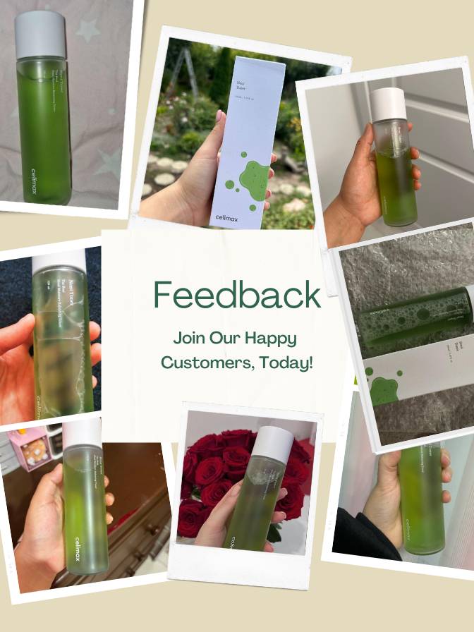 Collage of green bottles with text inviting feedback from happy customers.