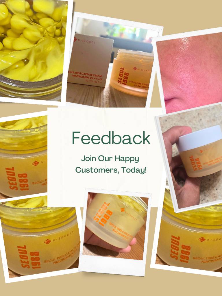 Collage of images featuring a yellow jar with 'Seoul 1988' branding, surrounded by close-up shots of the product and text inviting feedback.