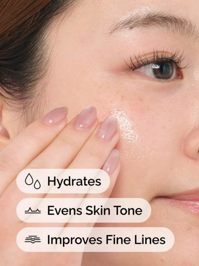 Close-up of a person applying skincare product to their face with text indicating hydration, skin tone evening, and fine line improvement.