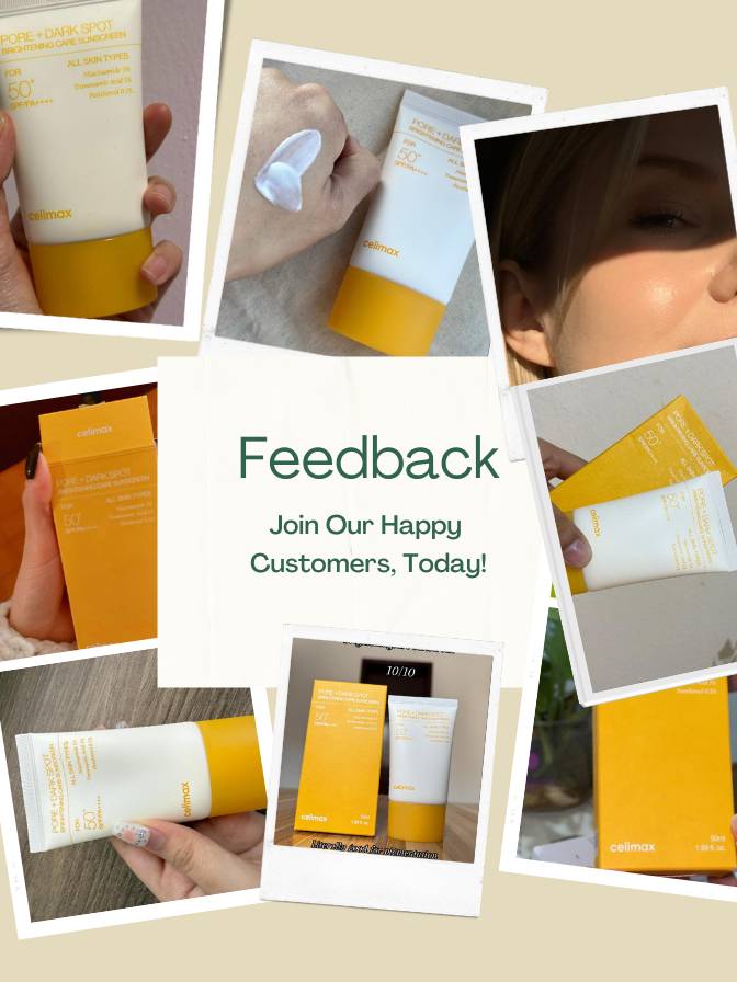 Collage of skincare products with text inviting feedback from happy customers.