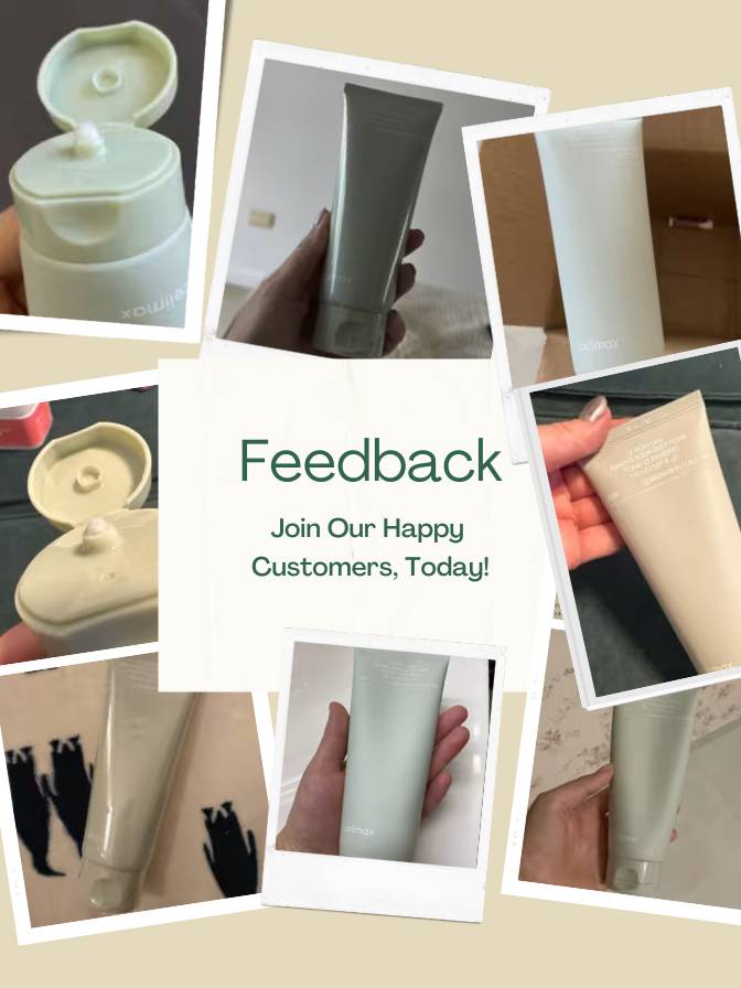 Collage of skincare products with a 'Feedback' call to action overlay.