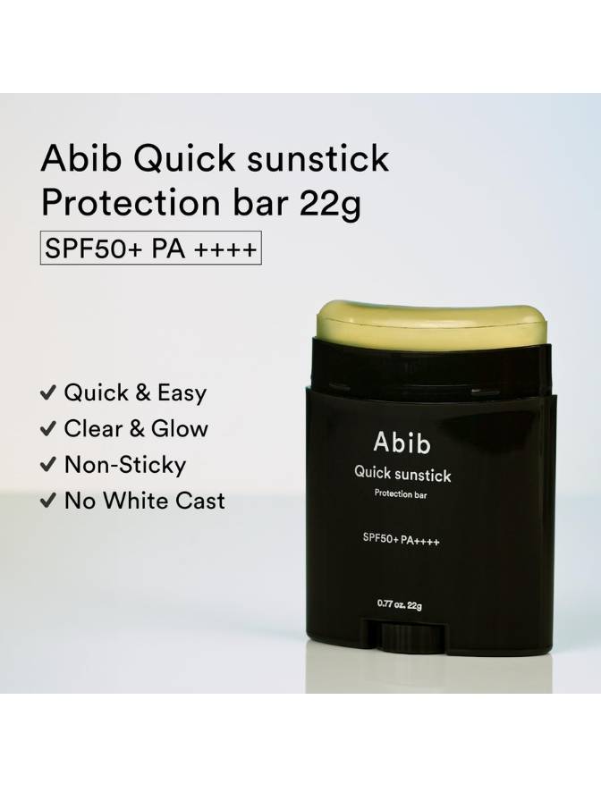 Abib Quick sunstick Protection bar 22g with product details on a light gray background