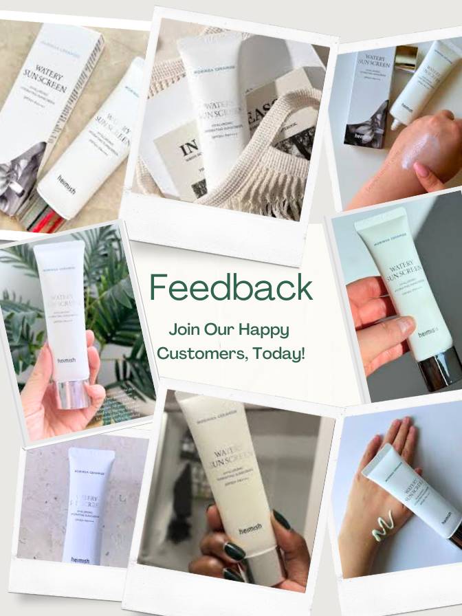 Collage of skincare products with a 'Feedback' call to action overlay.