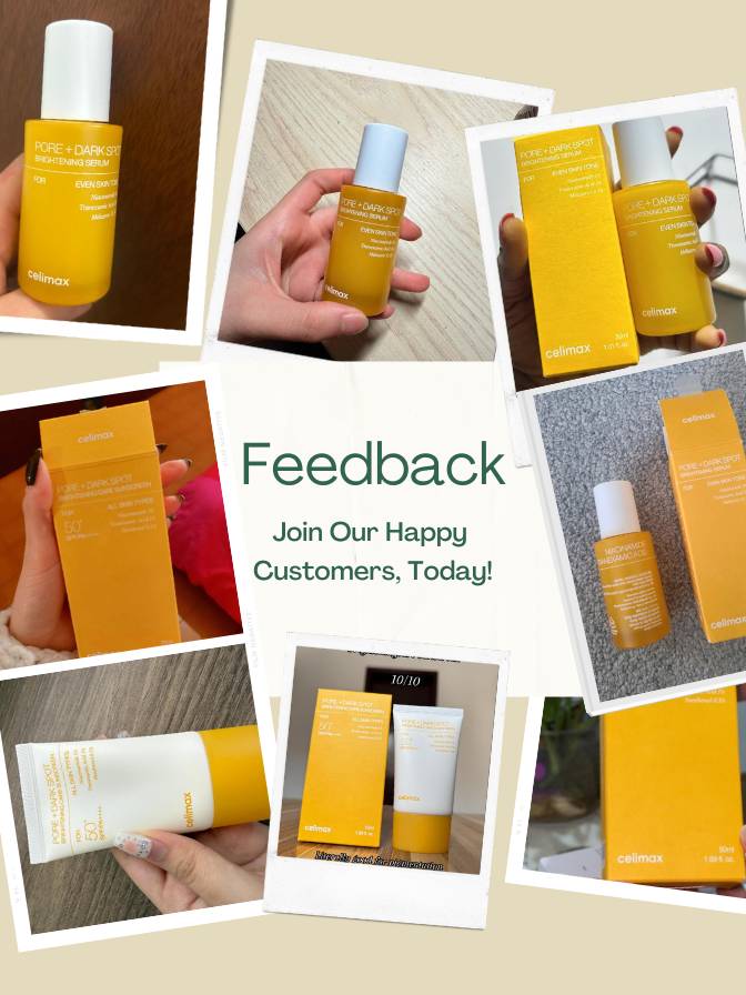 Collage of skincare products with a call to action for feedback.