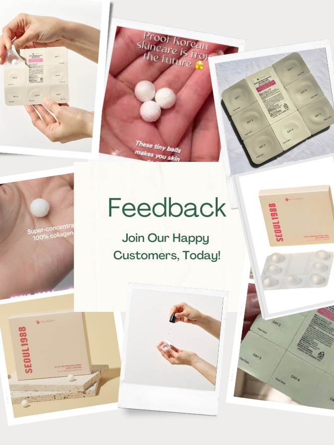 Collage of skincare product packaging with text inviting feedback from customers.