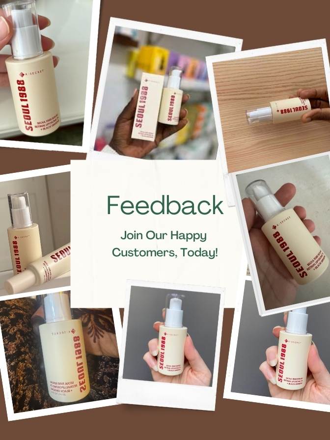 Collage of a product being used with text inviting feedback from happy customers.