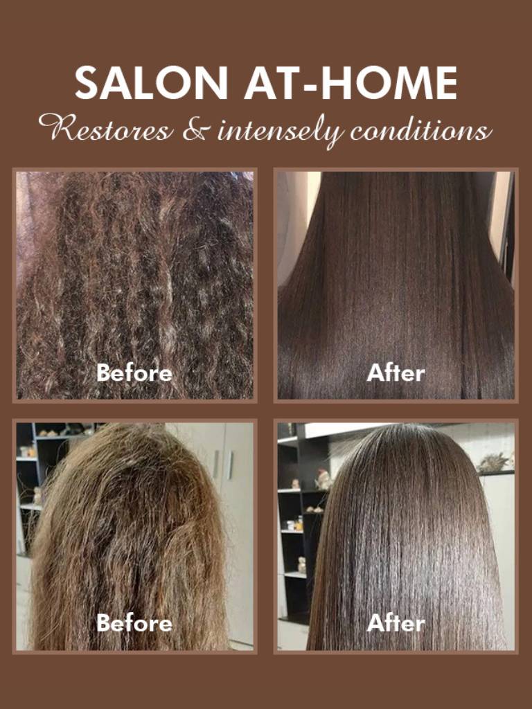 Before and after hair condition results with text 'Salon at Home' on a brown background.