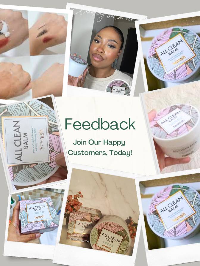 Collage of 'All Clean Balm' product images with a call to action for feedback.