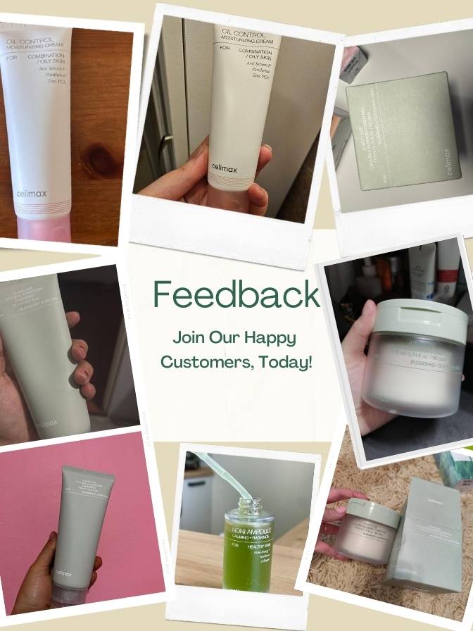 Collage of skincare products with a call to action for feedback.