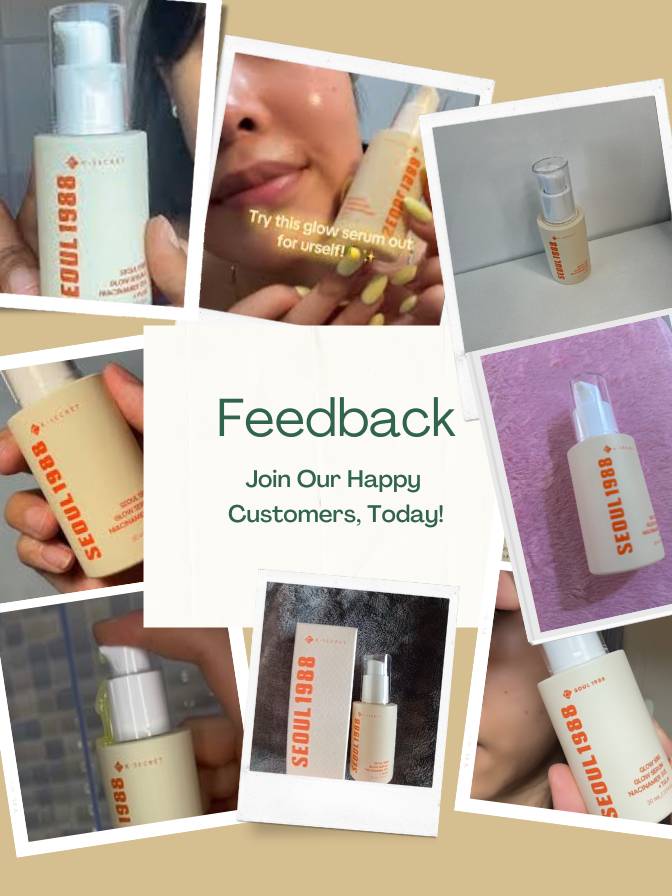 Collage of skincare product images with 'Feedback' text inviting customers to join happy customers.