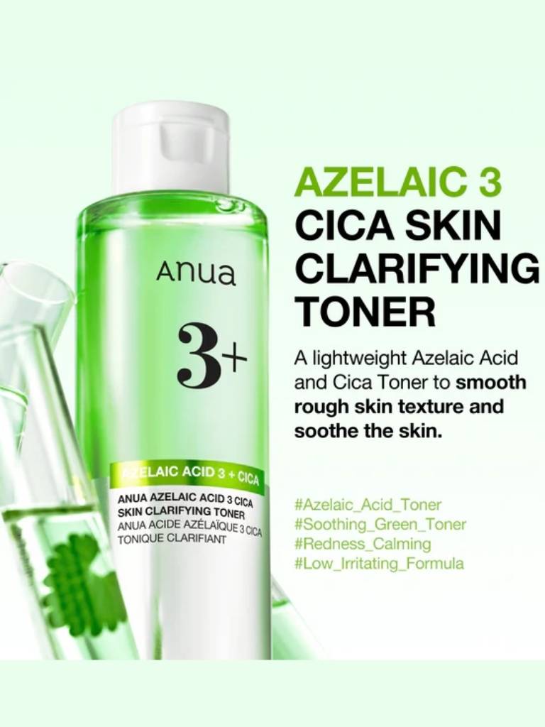 Anua Azelaic 3 Cica Skin Clarifying Toner bottle with product description on a green background
