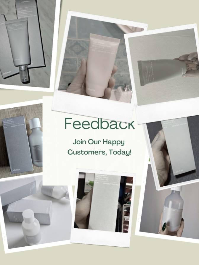 Collage of skincare products with a 'Feedback' call to action on a beige background
