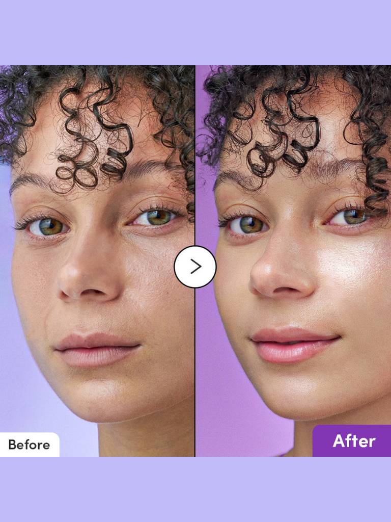 Before and after comparison of a person with curly hair on a purple background