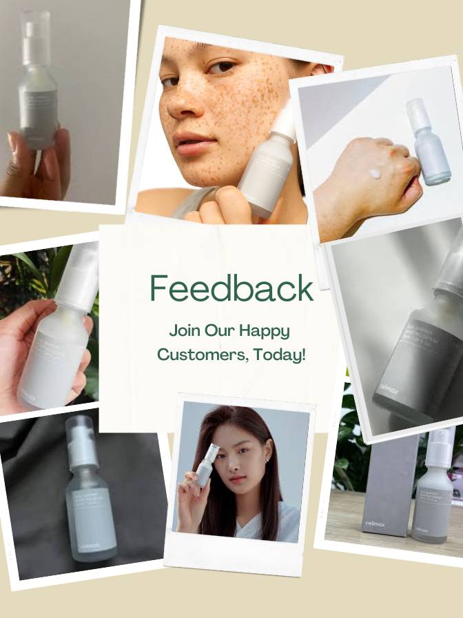 Collage of people using a skincare product with text inviting feedback.