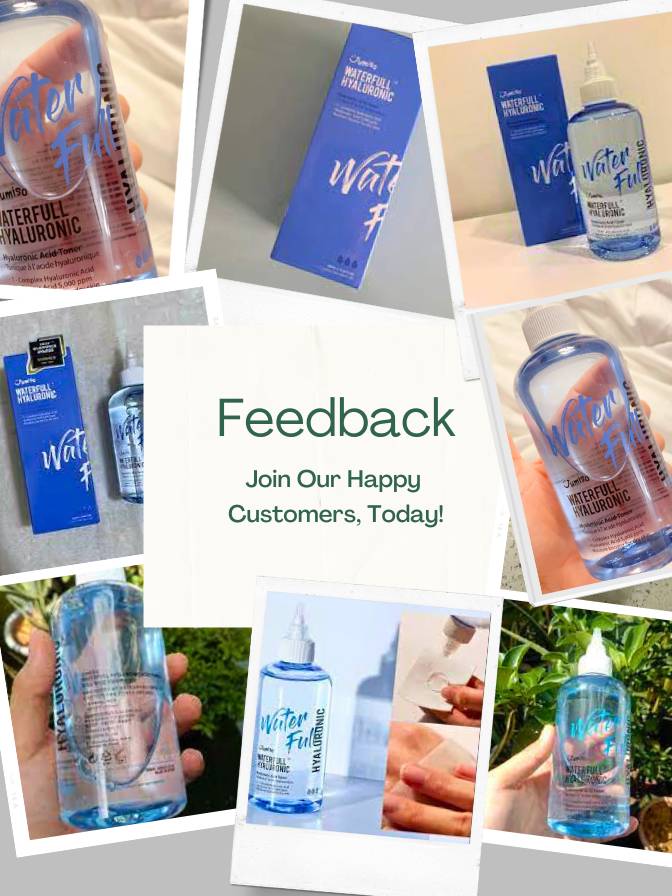 Collage of water bottles with 'Waterful' branding, promotional text for feedback.