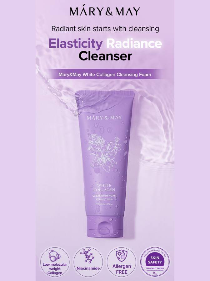 Purple cleanser tube with 'Mary & May' branding on a light purple background