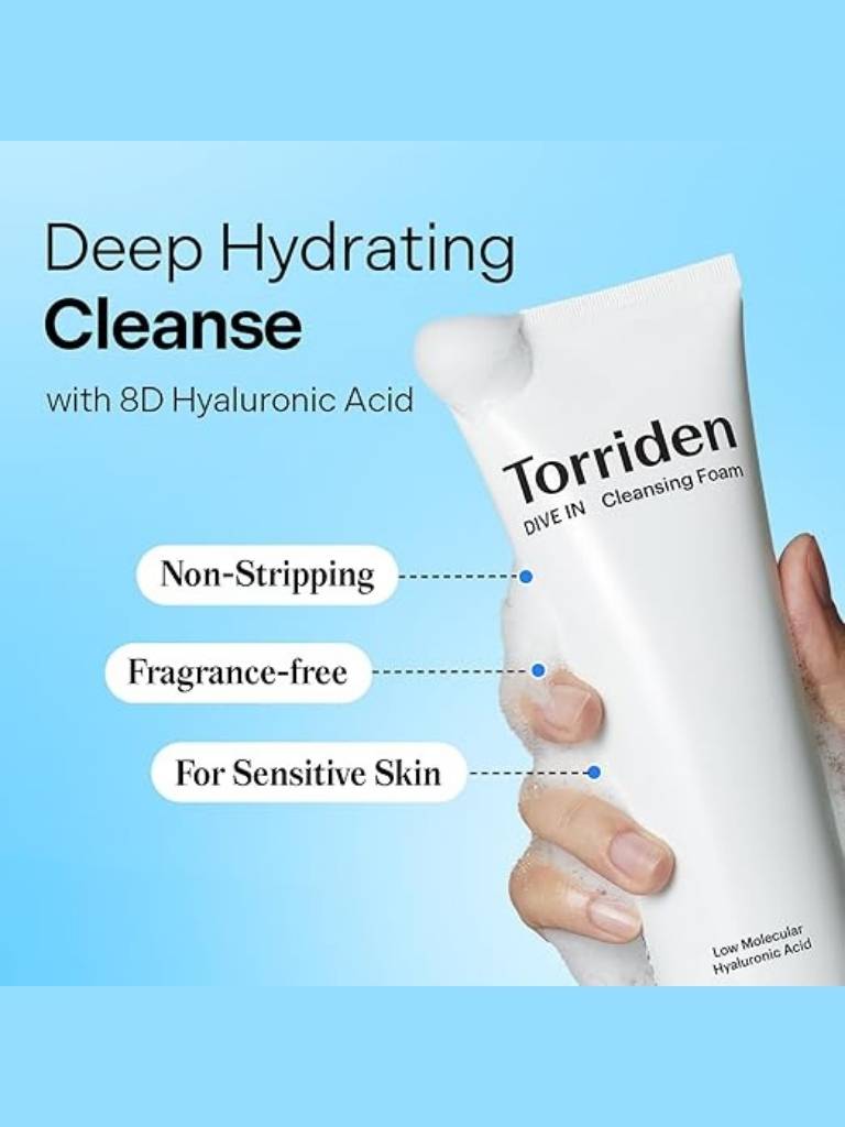 Torriden cleansing foam with text highlighting features on a blue background