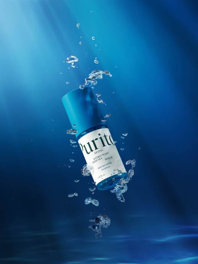 Purito bottle underwater with blue background