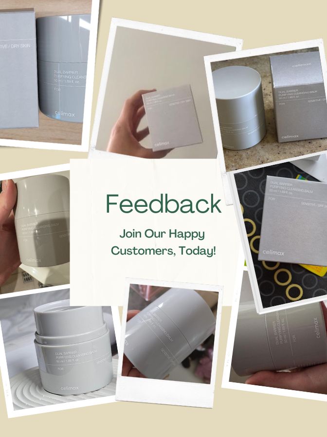 Collage of product images with 'Feedback' text and call to action on a beige background