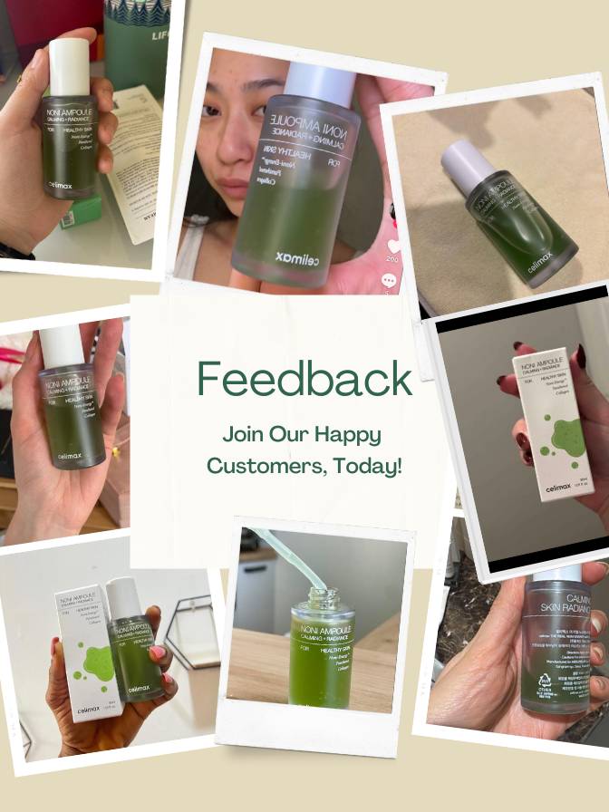 Collage of people holding various skincare products with a call to action for feedback.