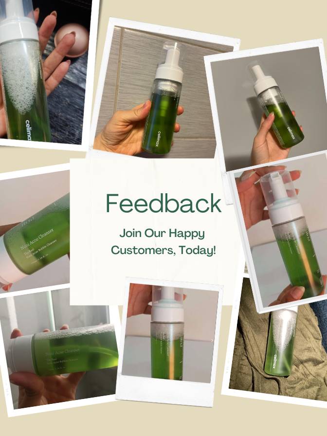 Collage of green bottles with feedback call-to-action text overlay