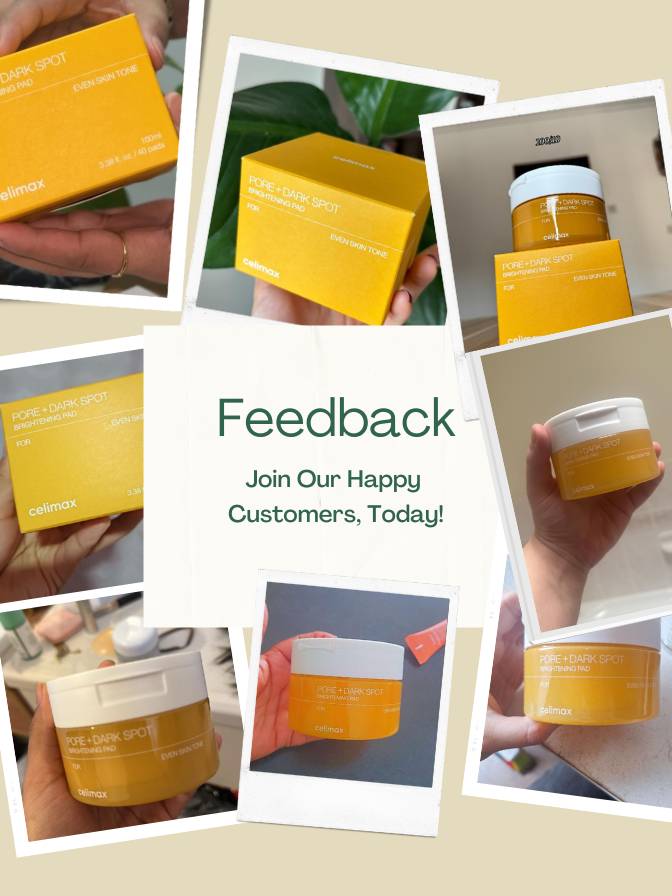 Collage of yellow and white skincare products with text inviting feedback.
